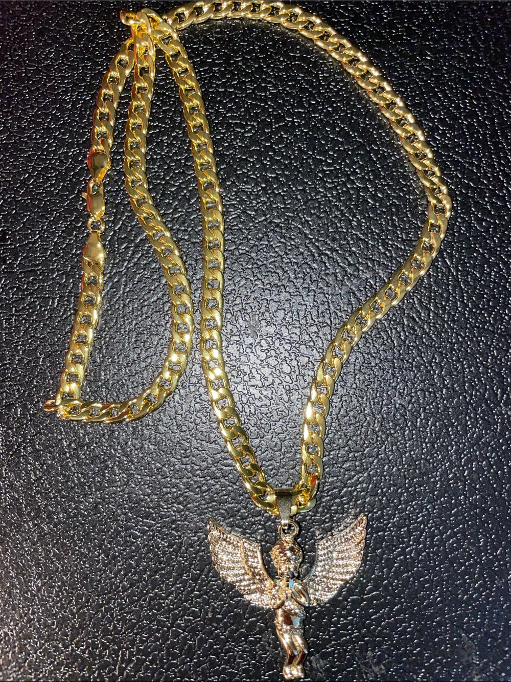 Gold Tone Angel Pendant Curb Chain Necklace